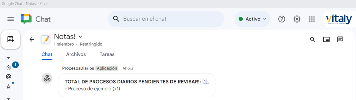 Chat con mensaje de aviso para revisar proceso